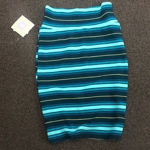 Blue greens yellow black striped Cassie XS skirt by Lula Roe